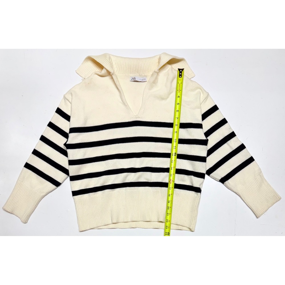 Zara Womens Striped Knit Polo Sweater Cream Navy Blue V-Neck Size S Nautical